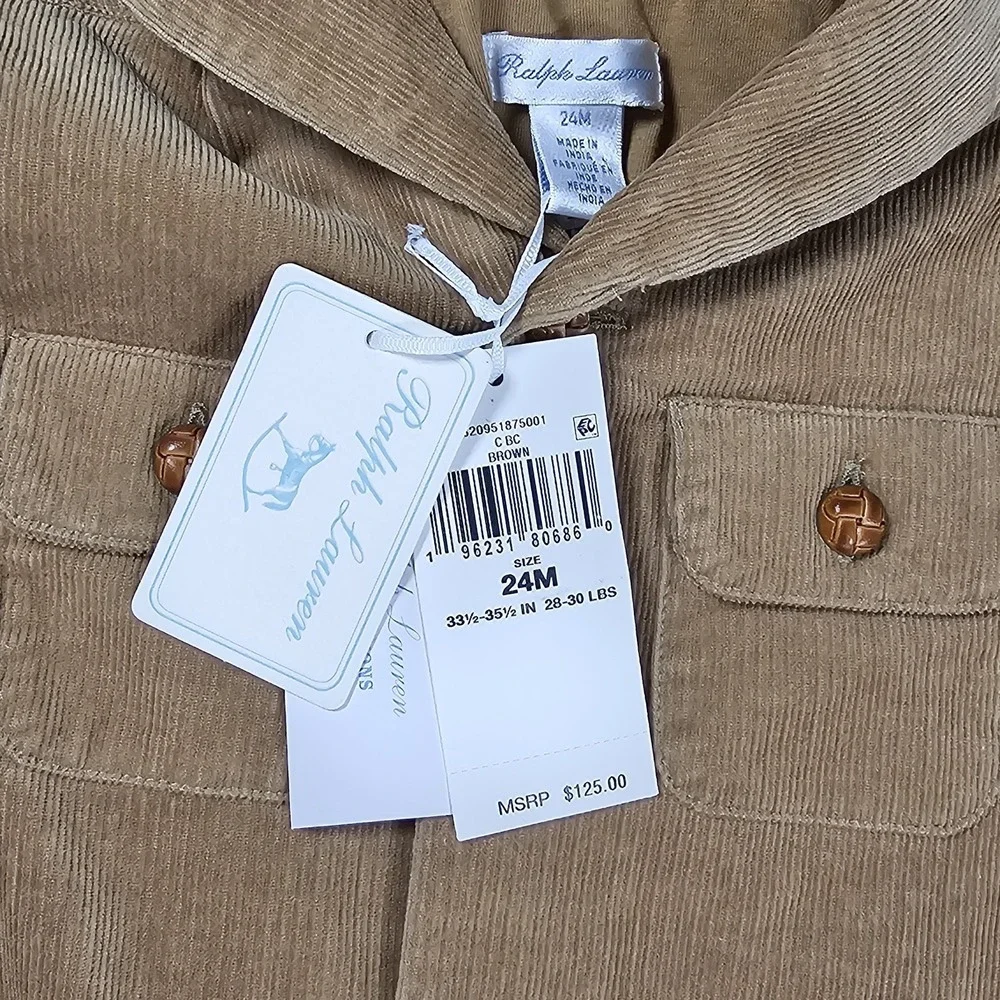 Ralph Lauren Corduroy Coverall Brown 24M‎ One-Piece Long Sleeve Button Patch
